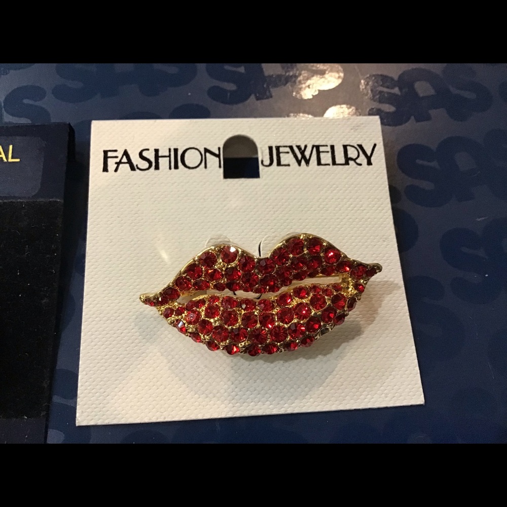 Red rhinestone lip pin mouth New 1 3/4” x 1/2”